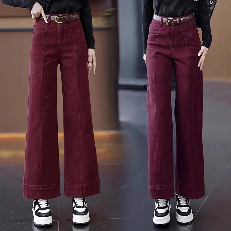 安可拉红牛仔阔腿裤女2025春秋季新款宽松高腰显瘦今年流行休闲裤
