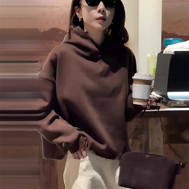韩版时尚简约连帽卫衣女装2025秋季新款百搭休闲长袖纯色套头上衣