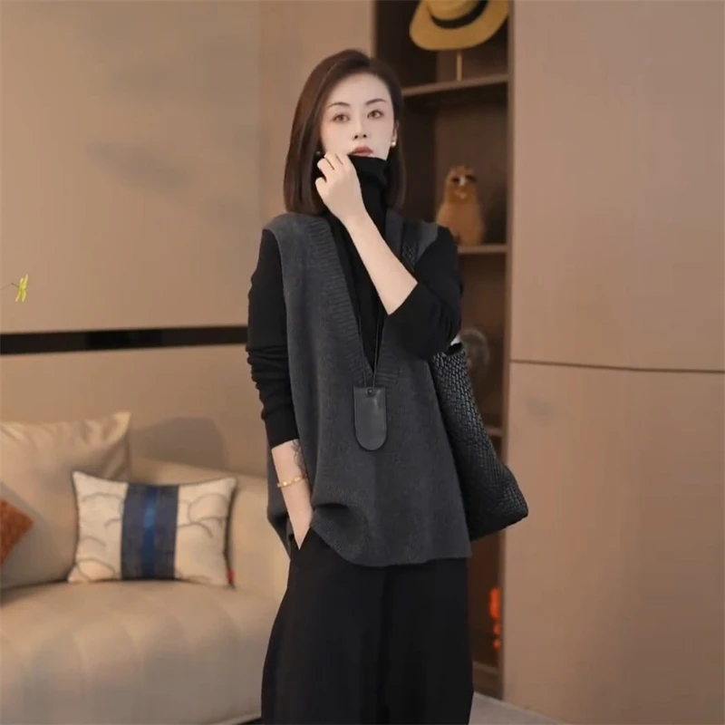 韩版时尚秋季气质套装女2025新款纯色高领打底上衣针织马甲两件套