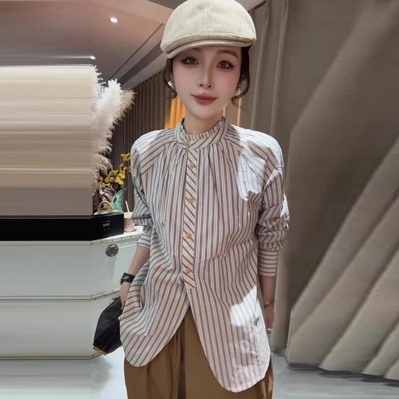 文艺感通勤条纹衬衫女2025秋季新款宽松显瘦设计感小众洋气上衣潮