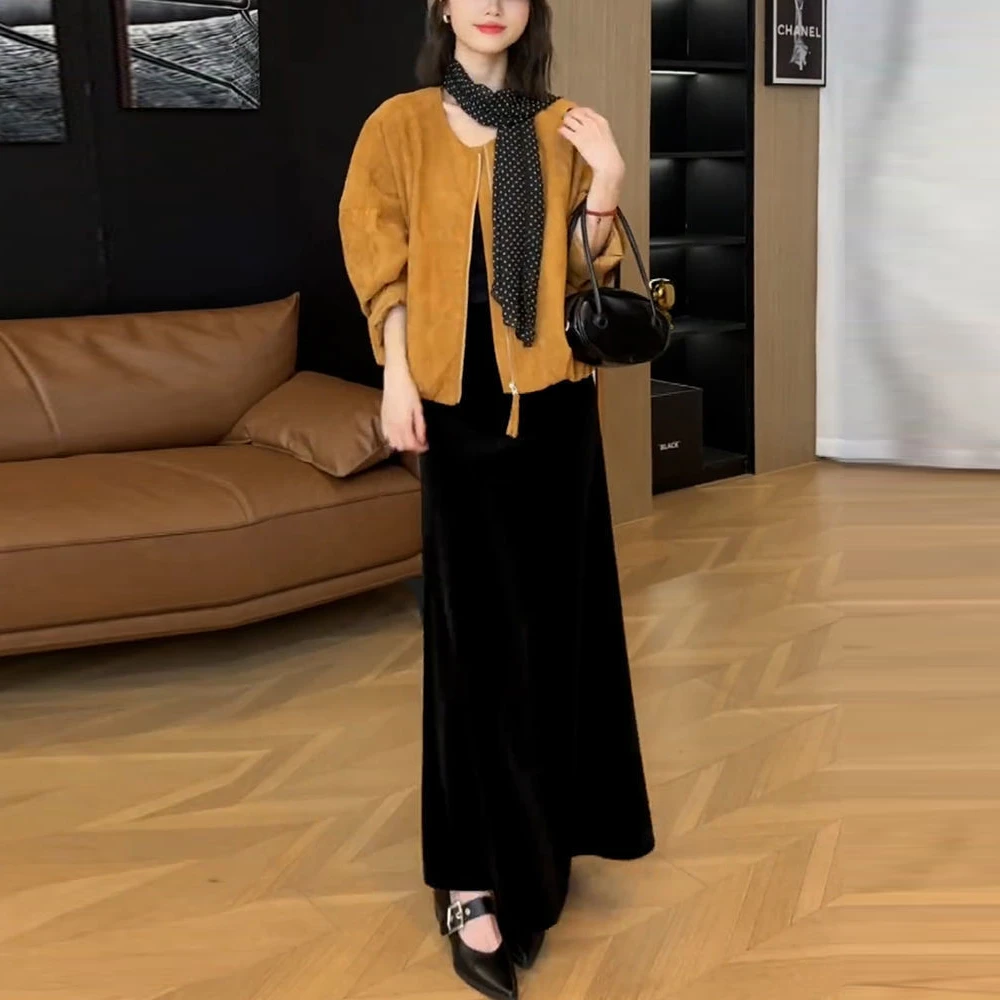 时尚百搭一整套女装2025秋季新款拉链设计外套遮肉显瘦半身裙套装