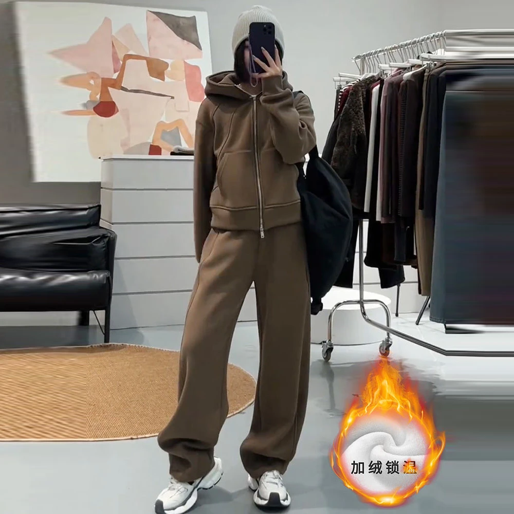 加绒加厚时尚卫衣套装女2025年秋冬新款连帽卫衣外套高腰直筒卫裤