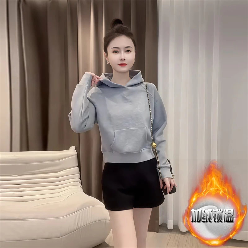 加绒加厚连帽卫衣女装2025秋季新款时尚显瘦百搭韩版休闲套头上衣