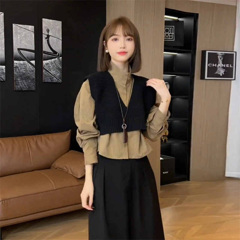 时尚百搭条纹衬衫马甲背心套装女2025春季新款宽松显瘦设计感上衣