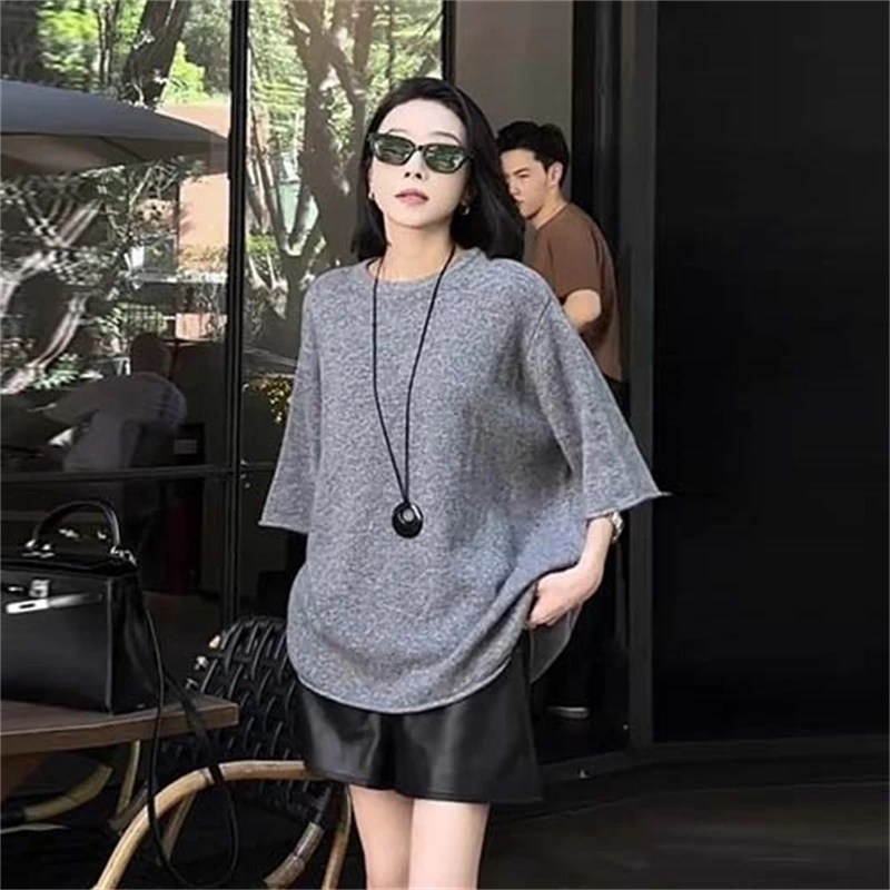 时尚通勤中袖圆领纯色针织衫女2025秋季新款高级感今年流行上衣潮