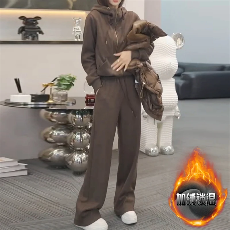 复古通勤加绒加厚连帽卫衣阔腿裤套装女2025冬新款保暖显瘦两件套