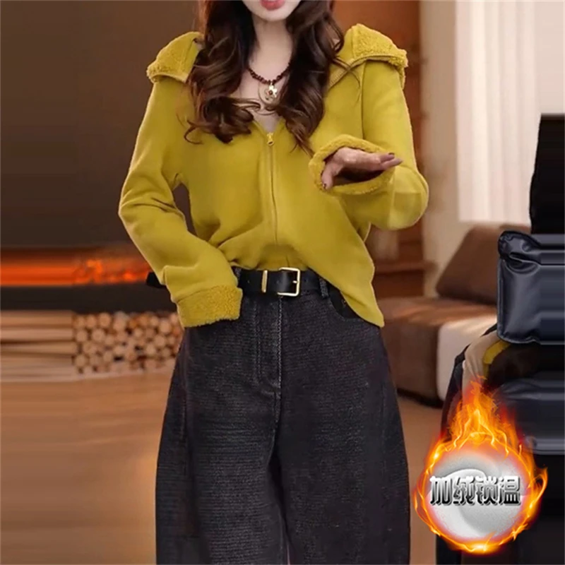 韩版时尚爆款德绒连帽卫衣女2025秋季季新款显瘦上衣保暖洋气外套