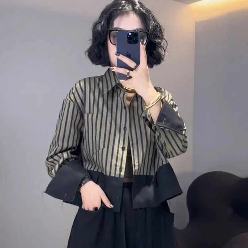 高智淡人穿搭长袖衬衫女2025秋季新款条纹拼接高级感宽松短款衬衣