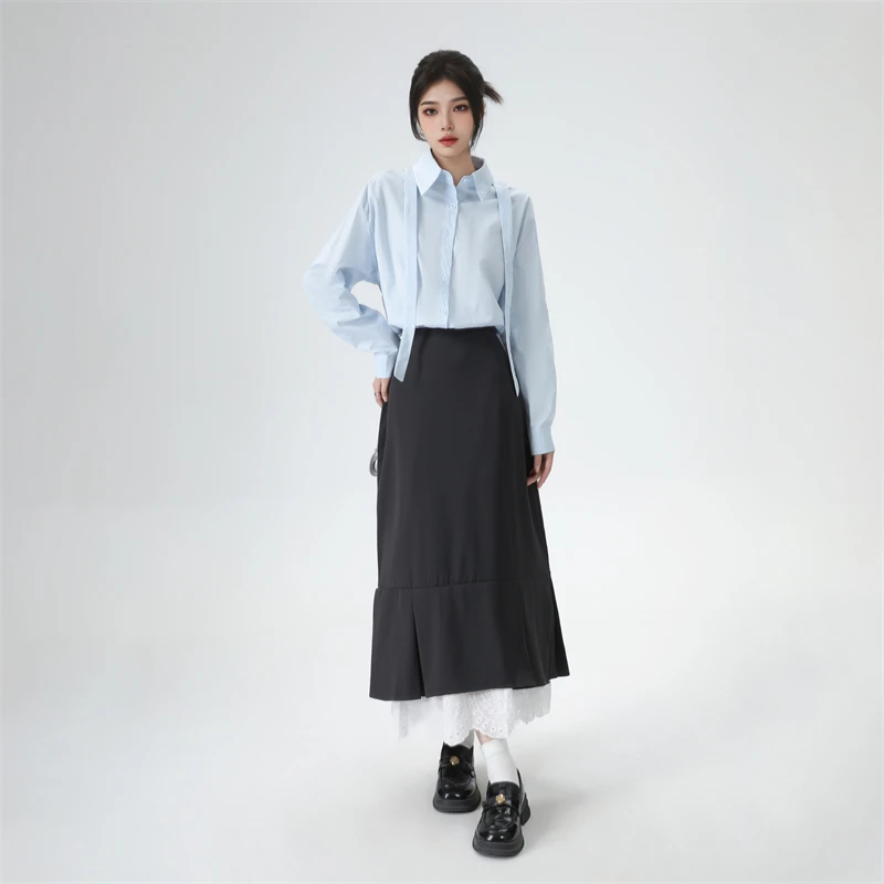 韩系设计感文艺穿搭一整套女2025秋季新款纯色衬衫蕾丝拼接半身裙