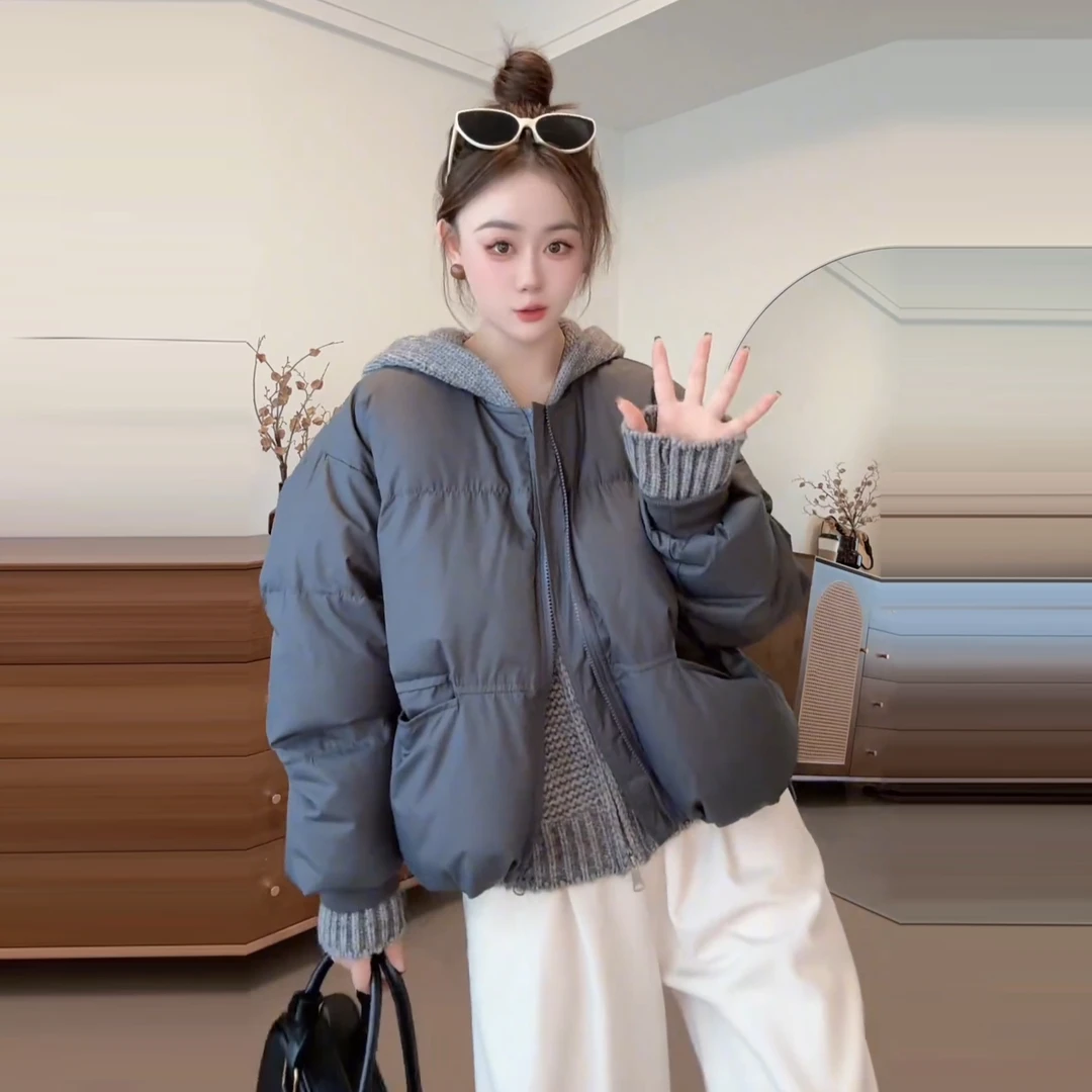 韩系文艺感宽松显瘦纯色棉服女2024年冬季新款圆领设计外套上衣潮