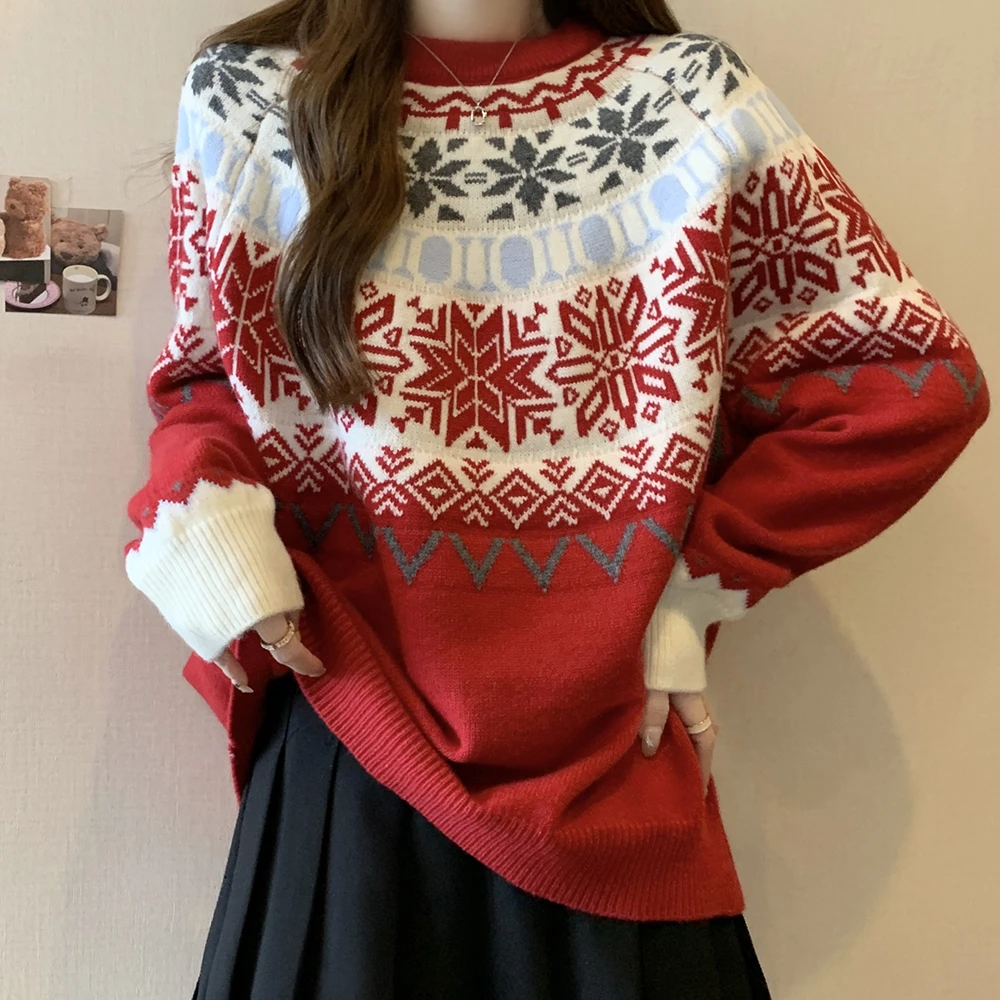孕妇上衣秋冬装新款圣诞节雪花毛衣2024新年红色慵懒风针织打底衫