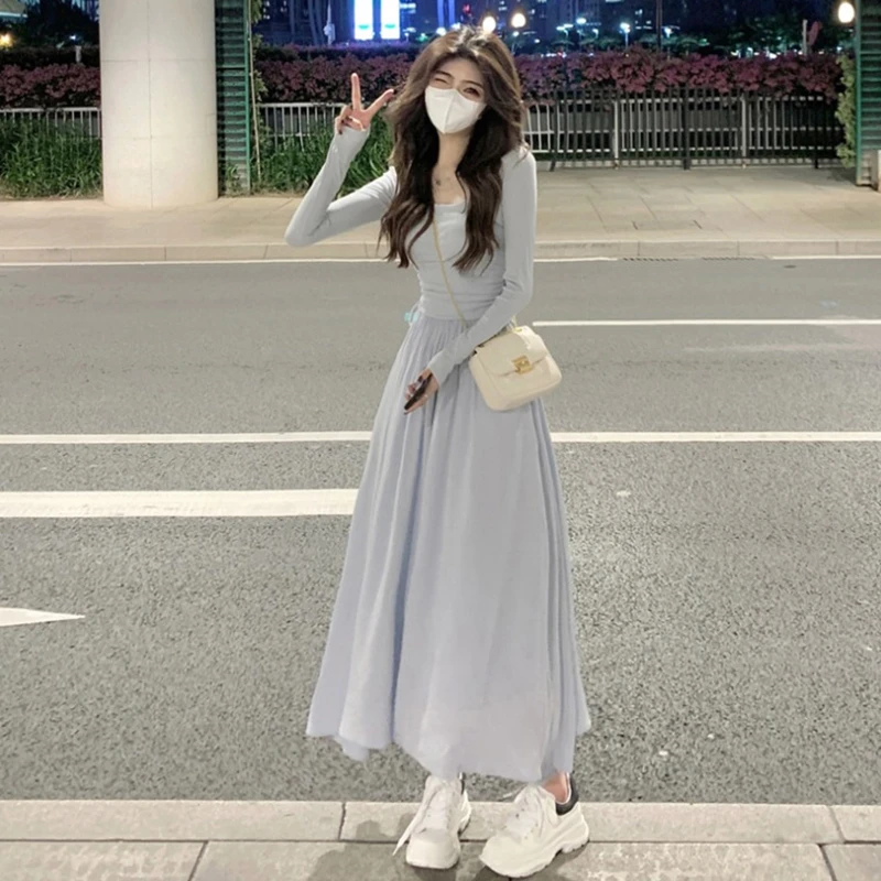 7745法式温柔风方领长袖连衣裙子2024新款女装高级感气质茶歇长裙