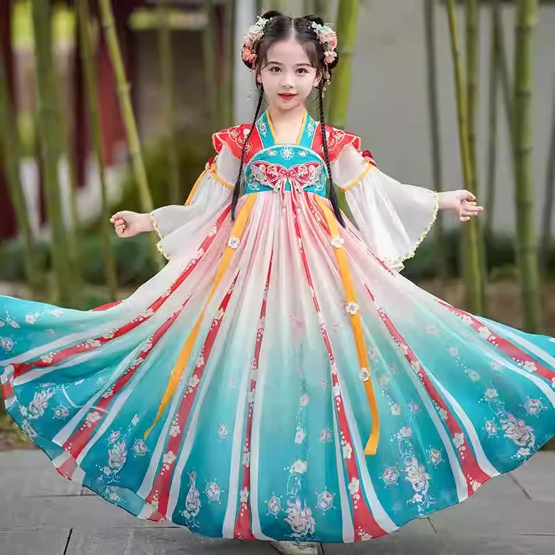 汉服女童2024新款唯美古风长款连衣裙超仙古装中国风小女孩公主裙