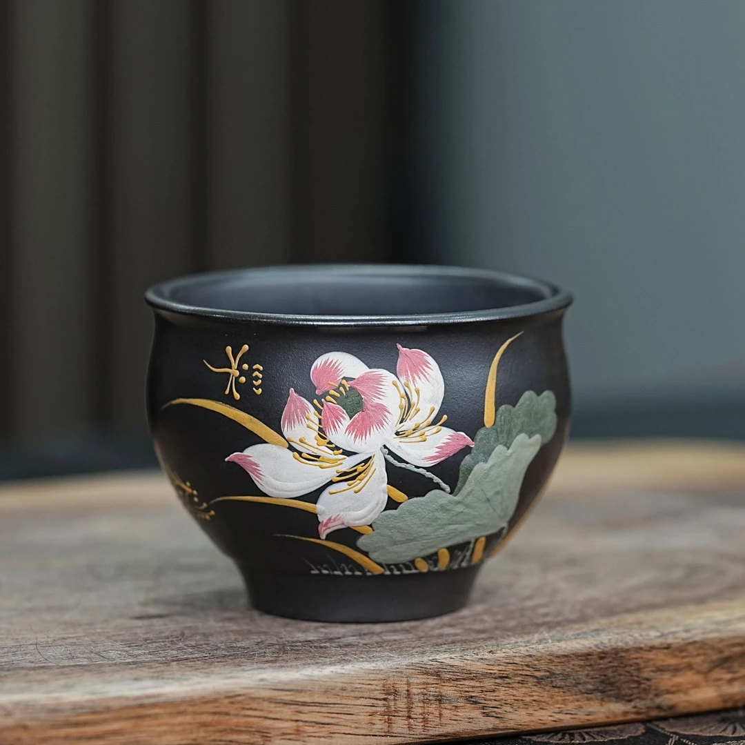 218 NX宜兴原矿石黄手工堆绘荷塘月色荷花紫砂主人杯