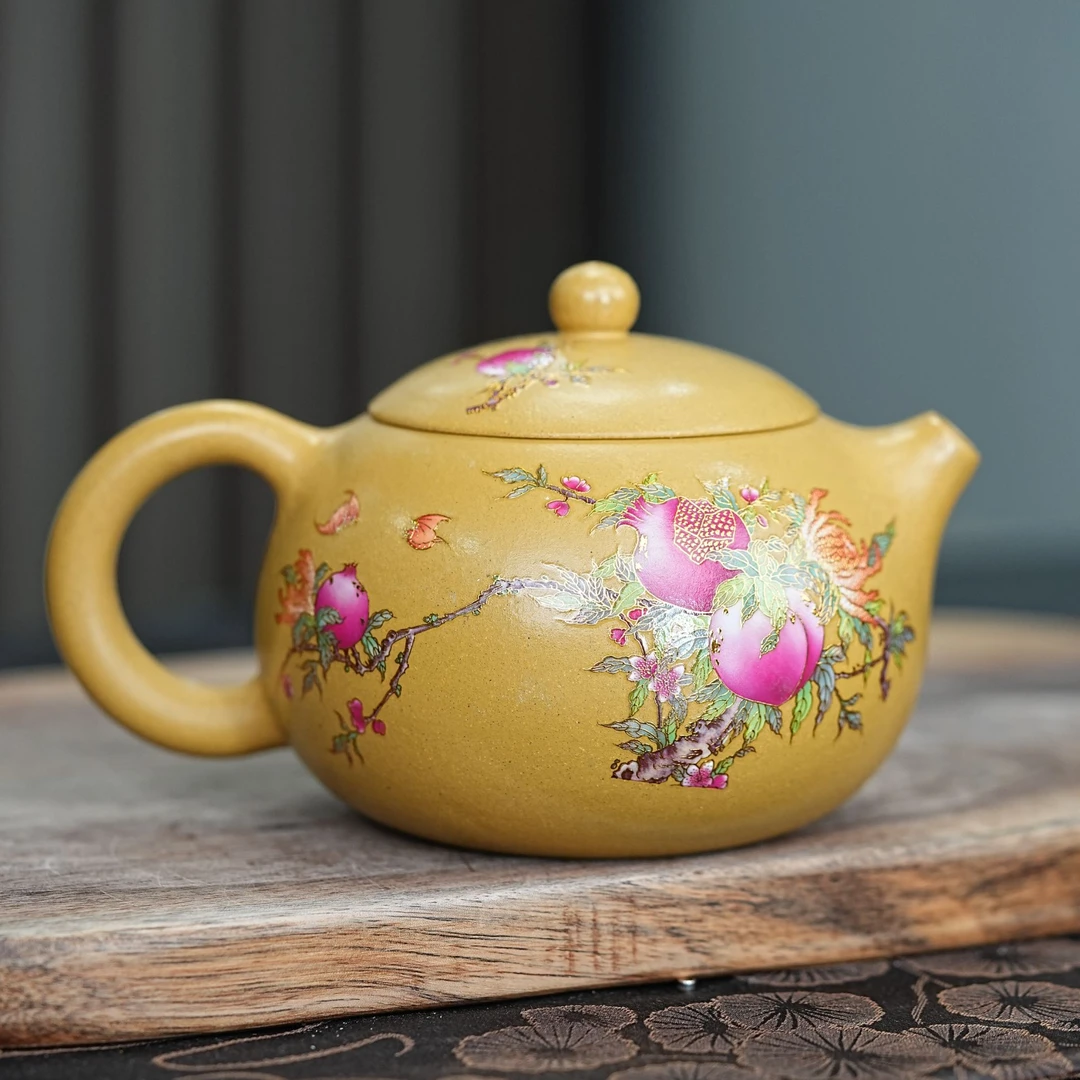 宜兴原矿黄金段手绘寿桃珐琅彩井栏壶文旦壶紫砂壶【西施壶】茶具