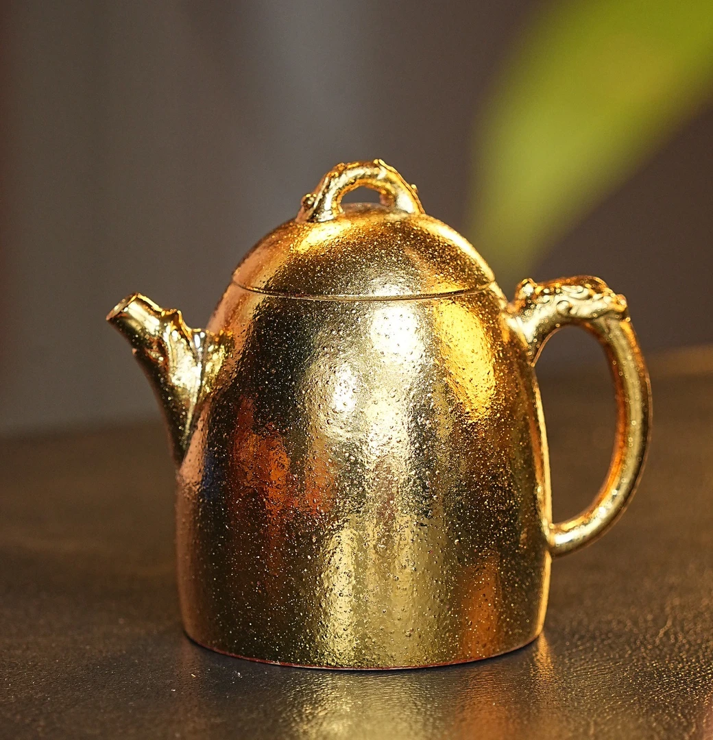 宜兴原矿手工龙把创意高端柴烧龙骨金砂鎏金秦权紫砂壶茶具