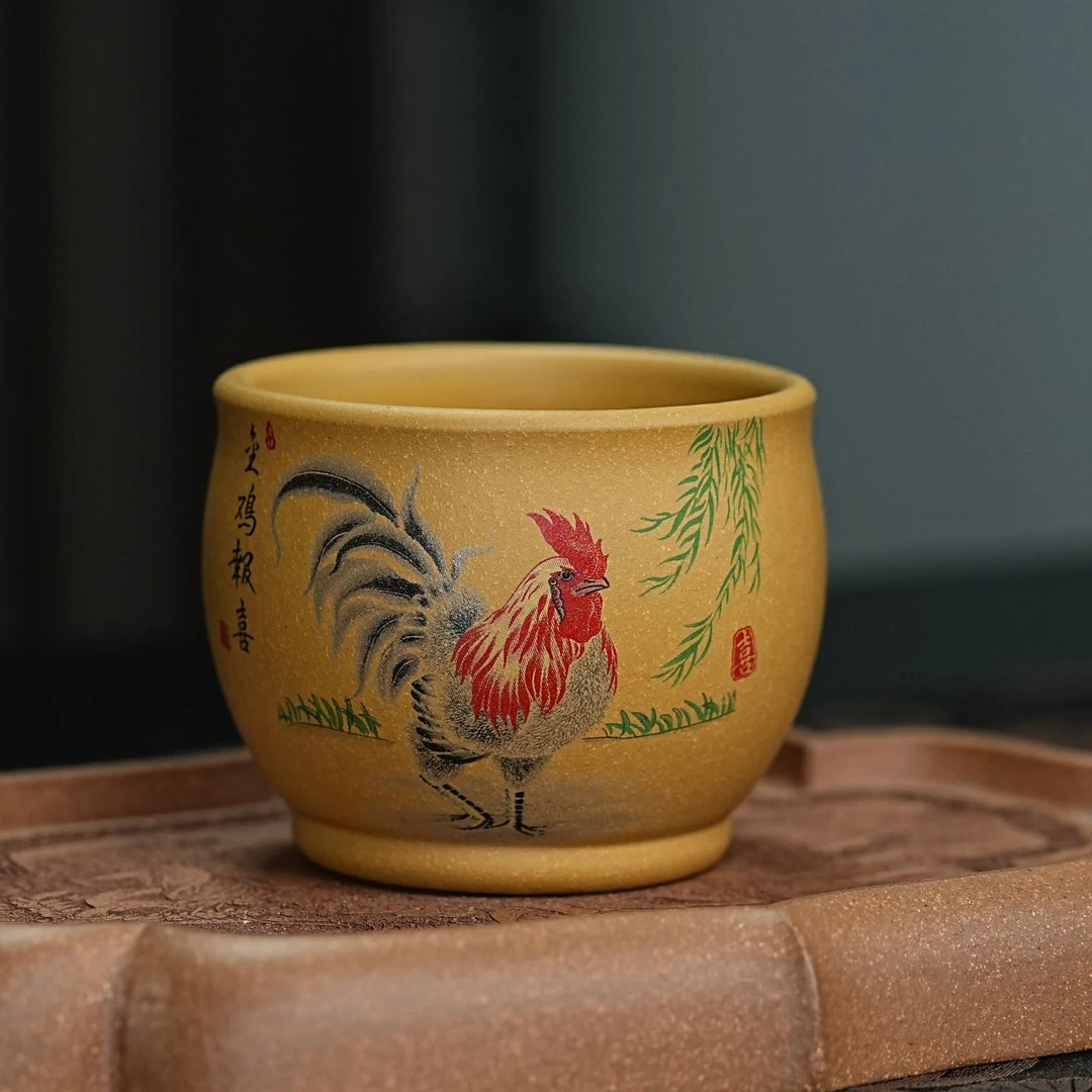 011宜兴原矿黄金段手工刻绘金鸡报喜紫砂主人杯茶具品茗茶杯