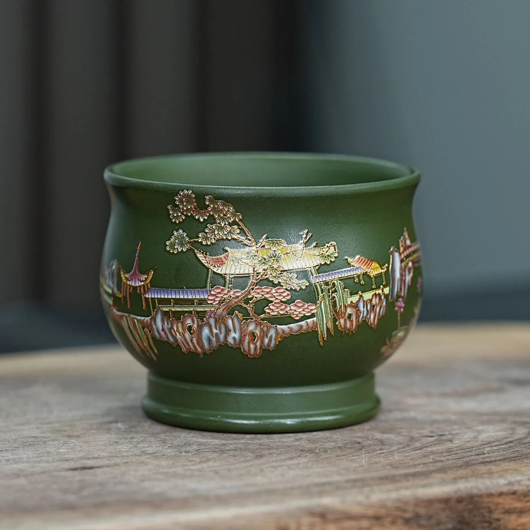 107宜兴原矿绿泥纯手工亭台楼阁手绘山水紫砂梅花茶杯紫砂杯