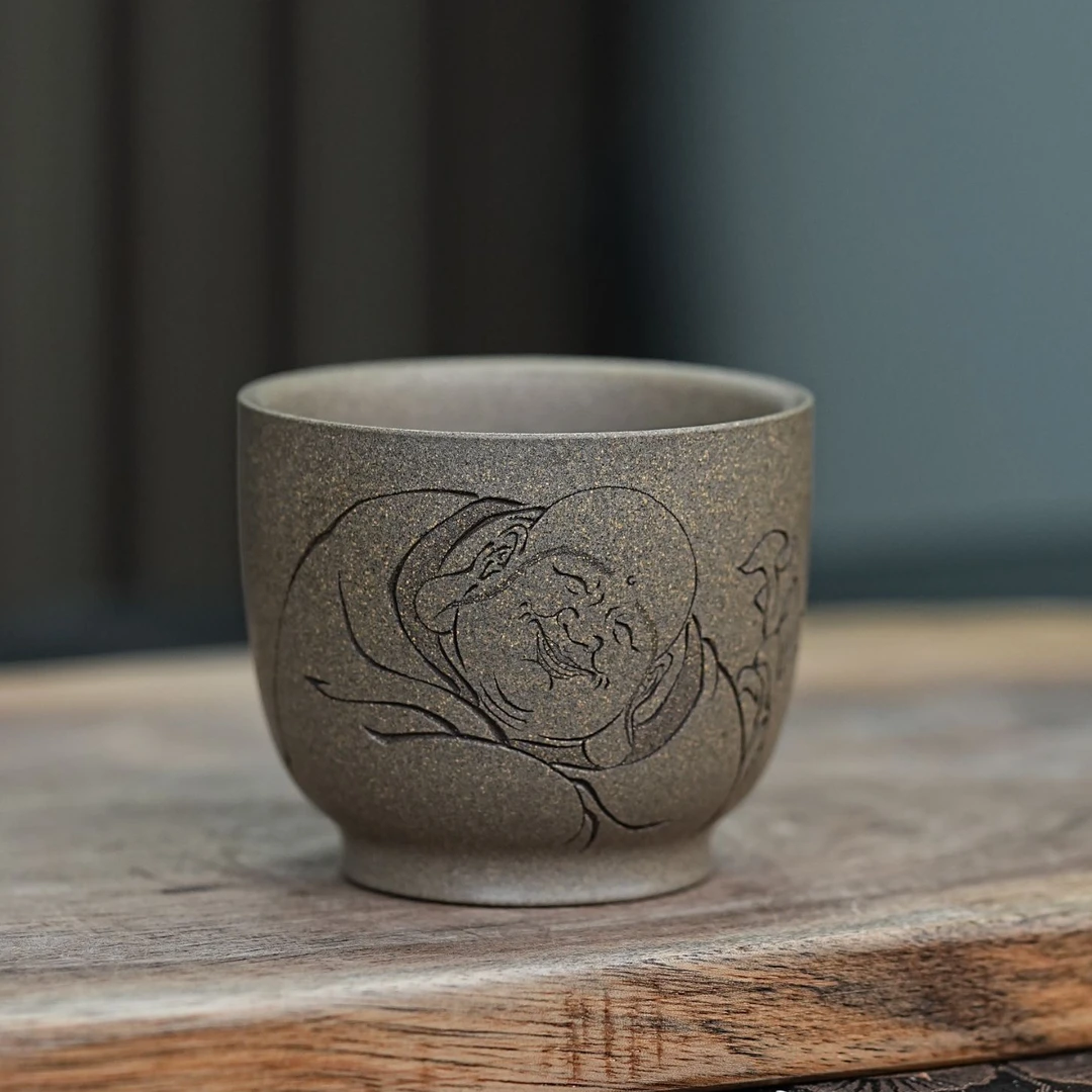 宜兴原矿青段刻绘弥勒六式高端陶瓷大号紫砂主人杯YR紫砂杯泡茶杯