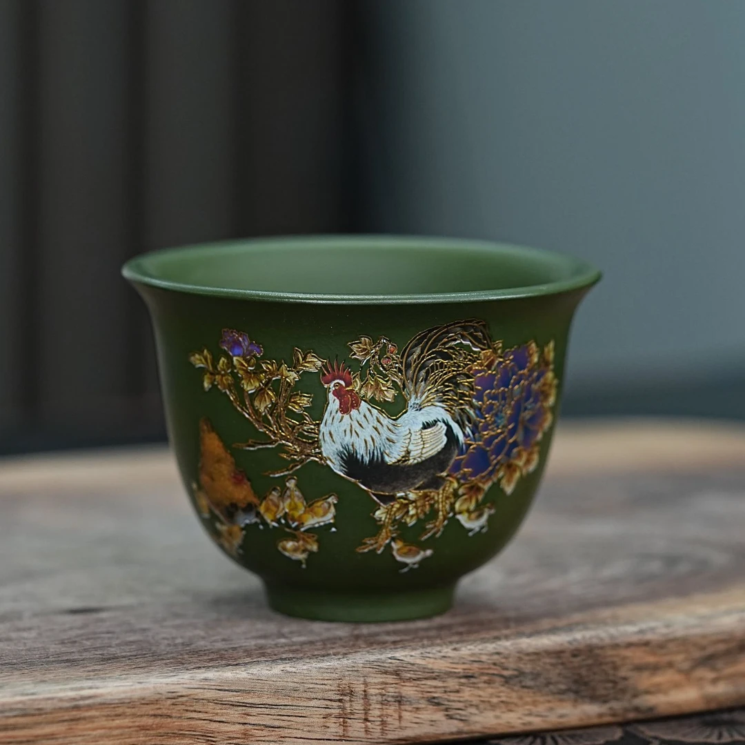 宜兴原矿绿泥珐琅彩手绘公鸡阖家欢乐紫砂主人杯家用品茗茶杯109