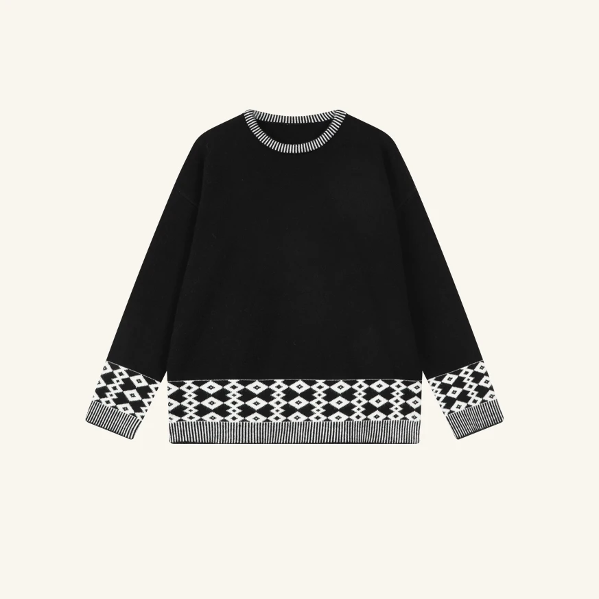 【禾呈】秋冬设计感拼接撞色圆领复古宽松显瘦上衣针织毛衣5207