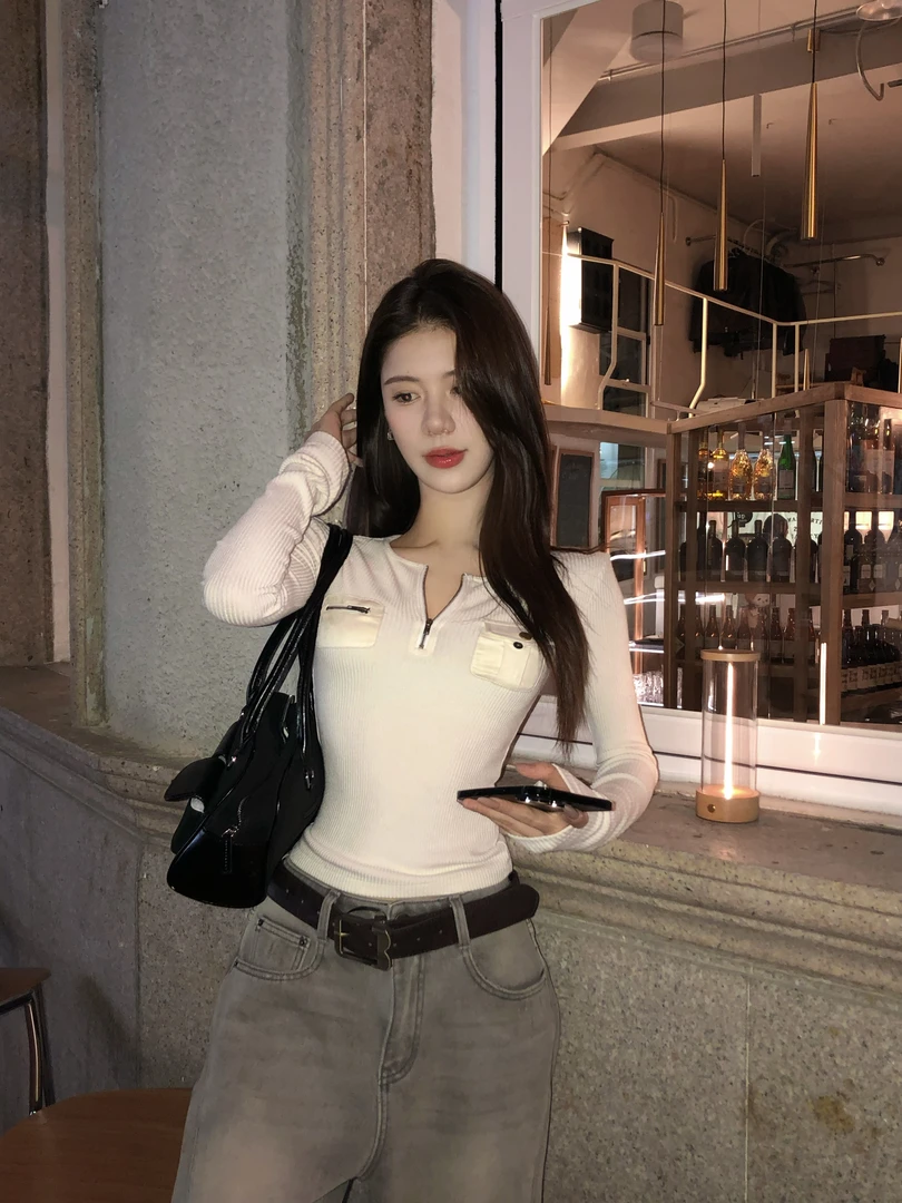 现货【禾呈】复古拼接打底上衣女冬内搭修身长袖显瘦针织衫10018