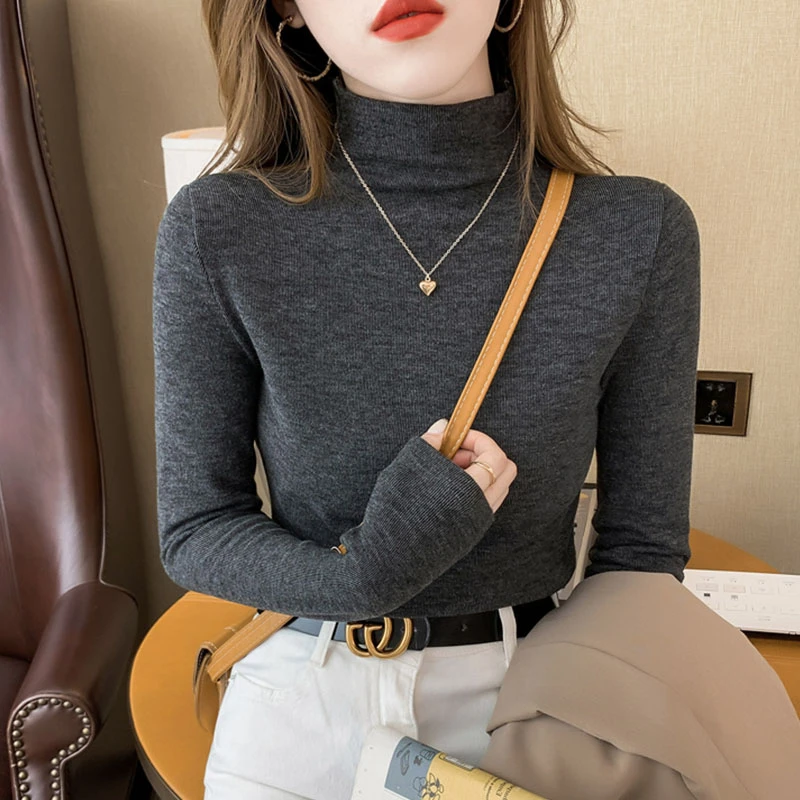 加绒加厚保暖半高领打底衫女装秋冬洋气修身纯色百搭长袖显瘦上衣