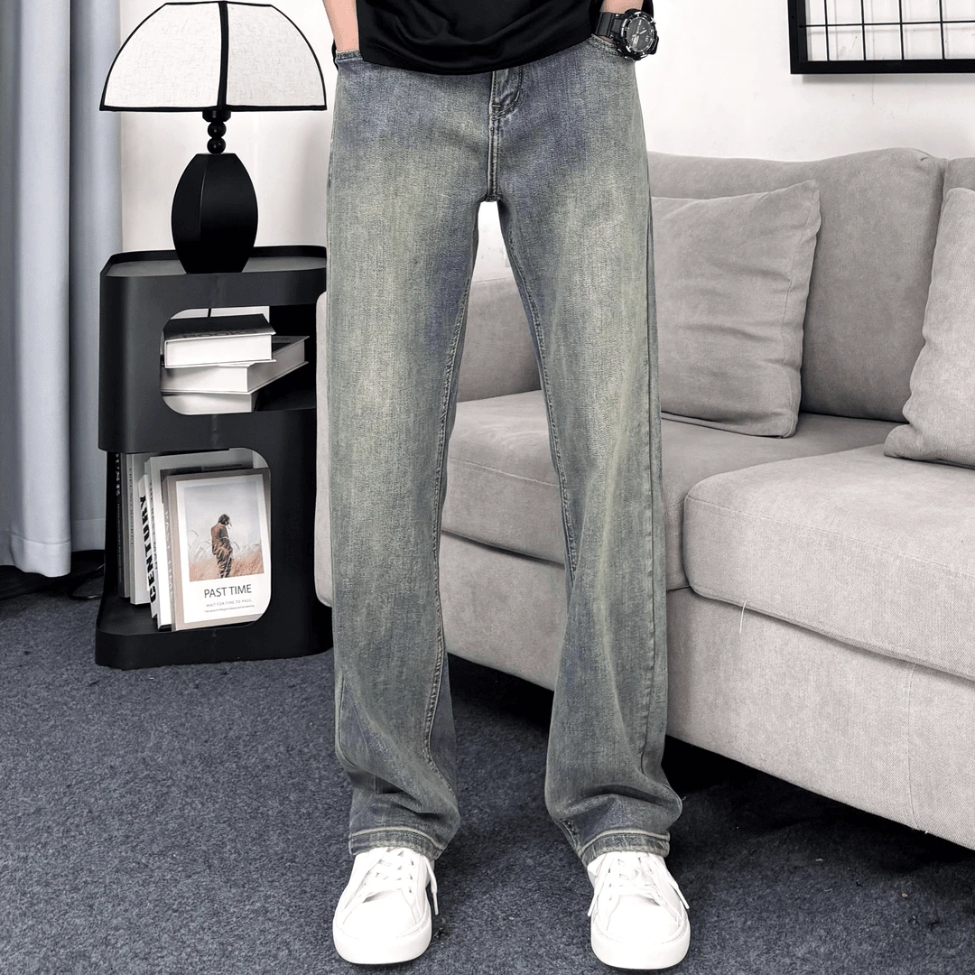 新款微弹秋季复古潮牌美式牛仔裤宽松蓝色高街阔腿百搭高端直筒裤