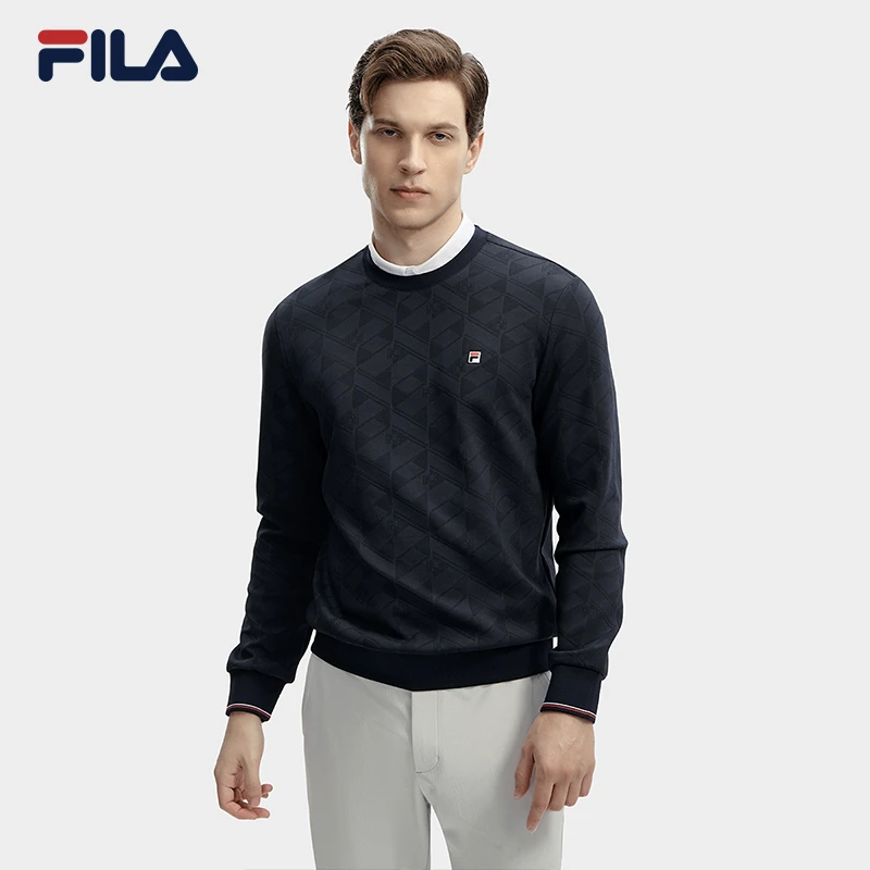 Fila斐乐男圆领长袖运动舒适简约针织套头衫F11M411203F