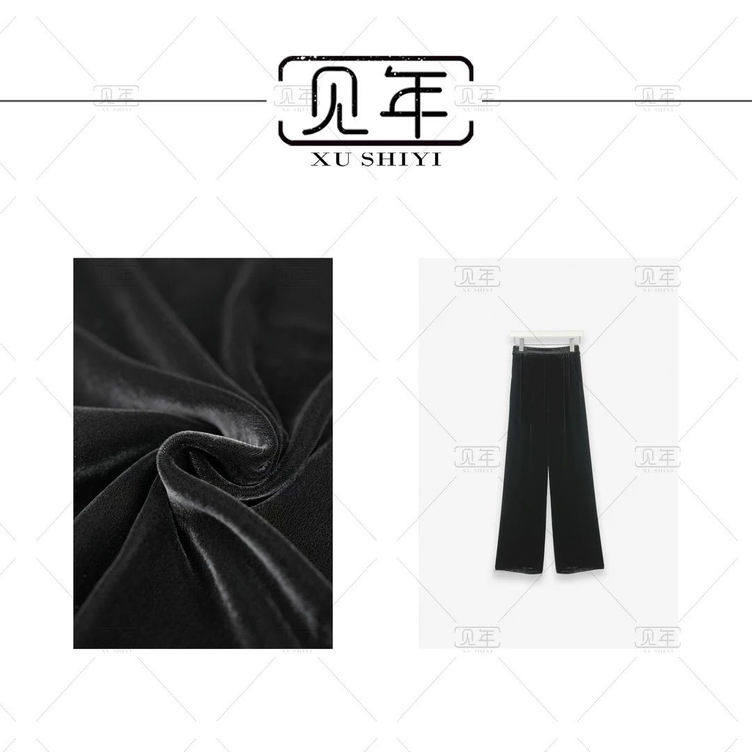 见年【玄墨】新中式国风松紧腰盘扣直筒阔腿遮肉显瘦丝绒裤F8329