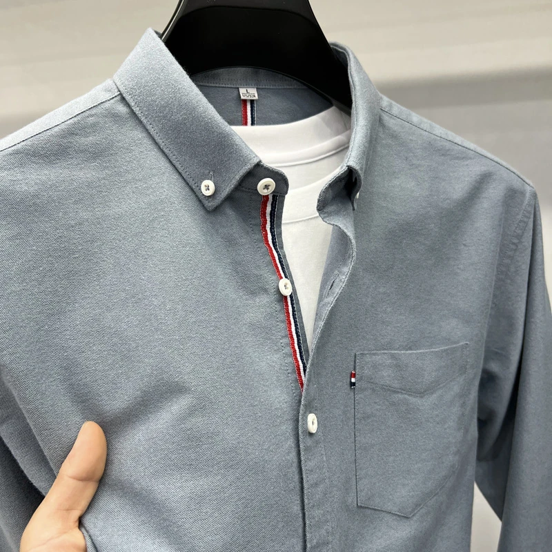 Tommy汤米秋冬牛津纺100%纯棉长袖衬衫男中青年纯色厚款休闲衬衣