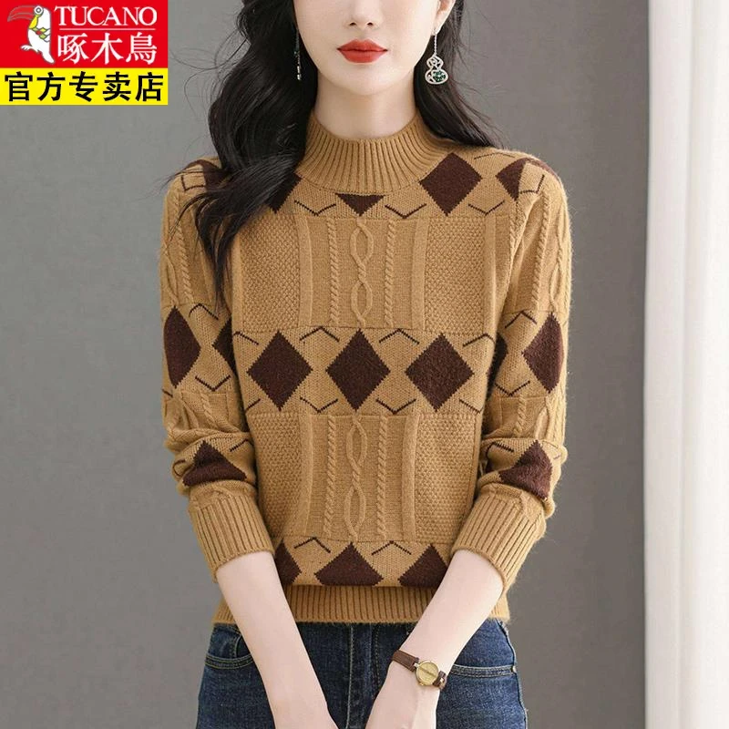 啄木鸟半高领毛衣女士短款秋冬季2024新款中年妈妈小个子内搭针织