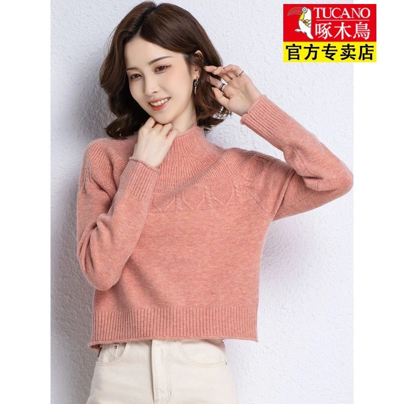 啄木鸟女2023秋冬圆领宽松百搭毛衣针织毛线打底衫短款上衣