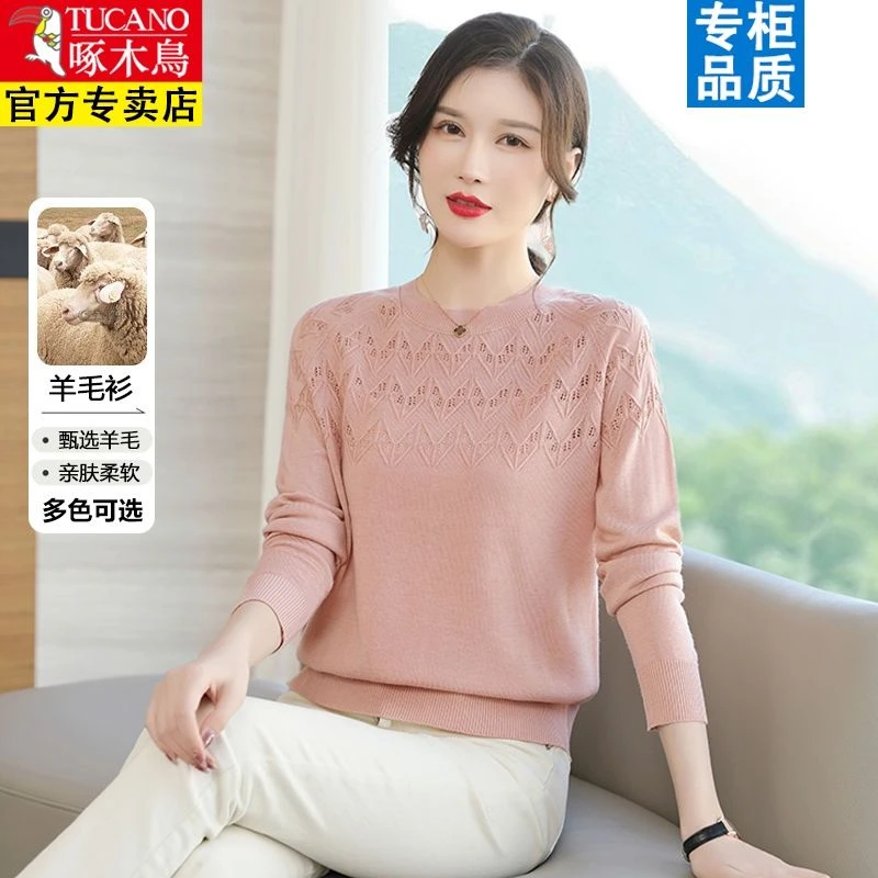 啄木鸟女2023秋冬新款纯色低圆领毛衣镂空勾花打底针织衫