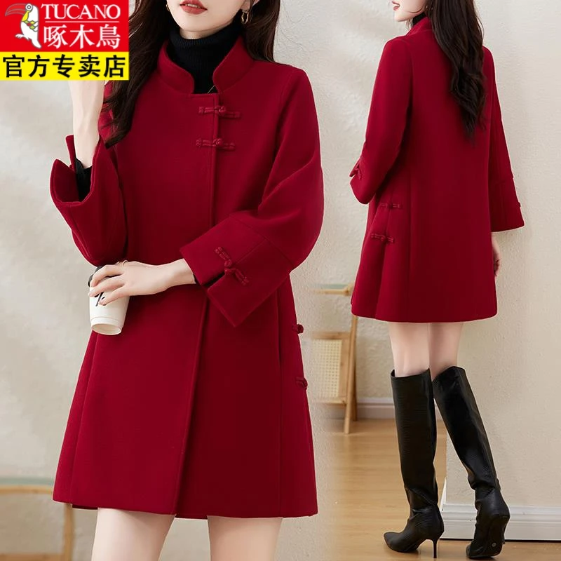啄木鸟红色毛呢外套女冬季2023新款韩版宽松加棉高级感小个子呢子