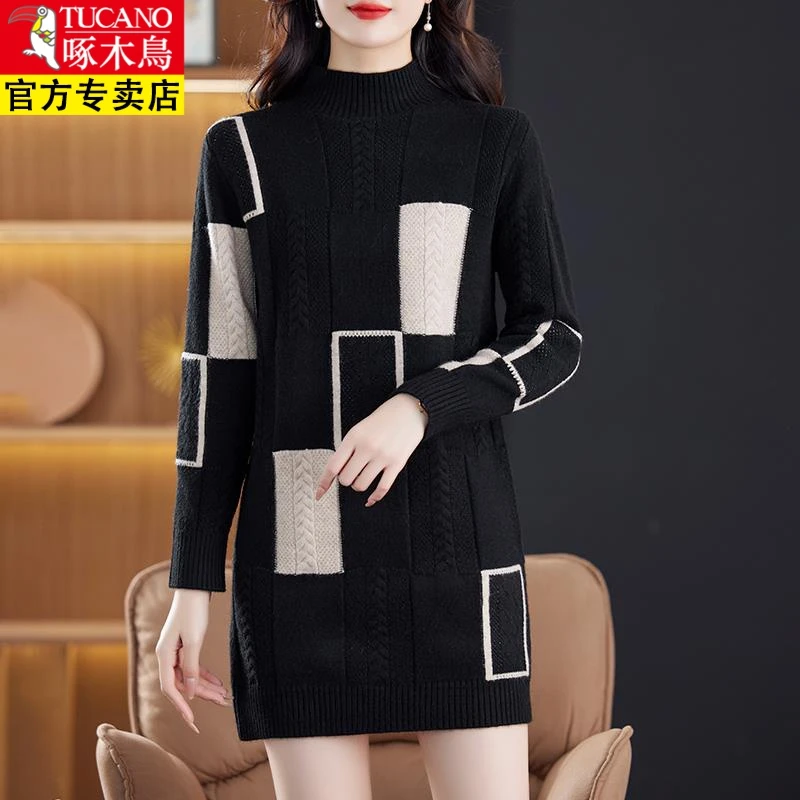 啄木鸟秋冬宽松加厚格子毛衣裙女羊毛衫中长款百搭羊毛针织