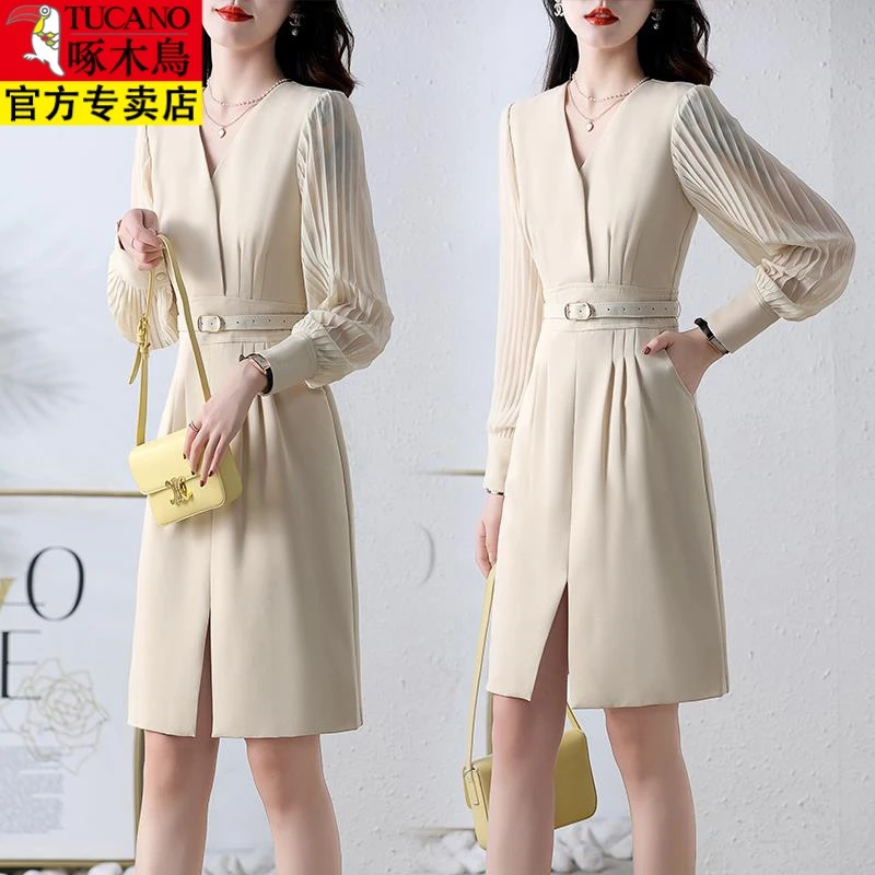啄木鸟高端气质长袖连衣裙女秋装2023年新款秋季时尚职业女神范漂