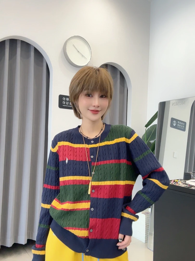 间色条纹针织开衫毛衣8810英伦秋冬撞色