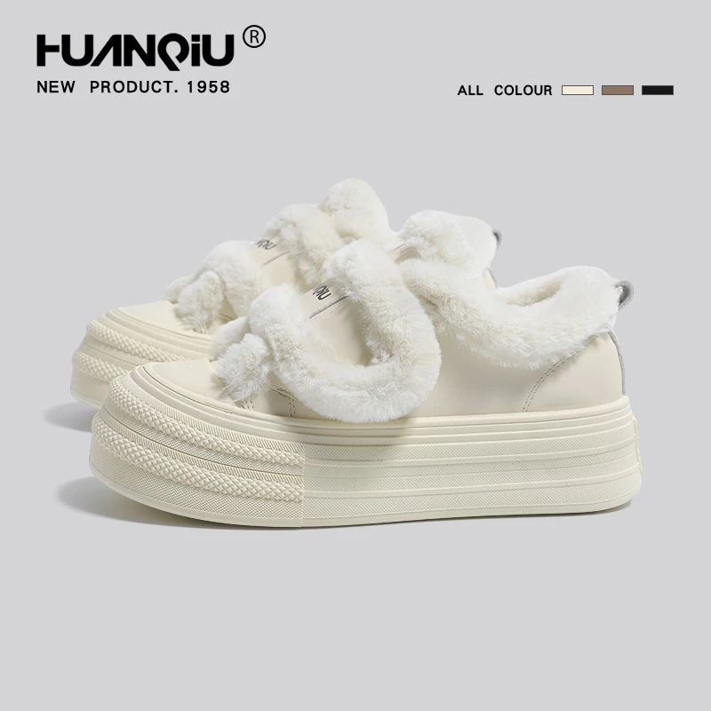 环球爆款厚底魔术贴板鞋女2025新款冬季小白鞋加厚保暖毛毛雪地靴