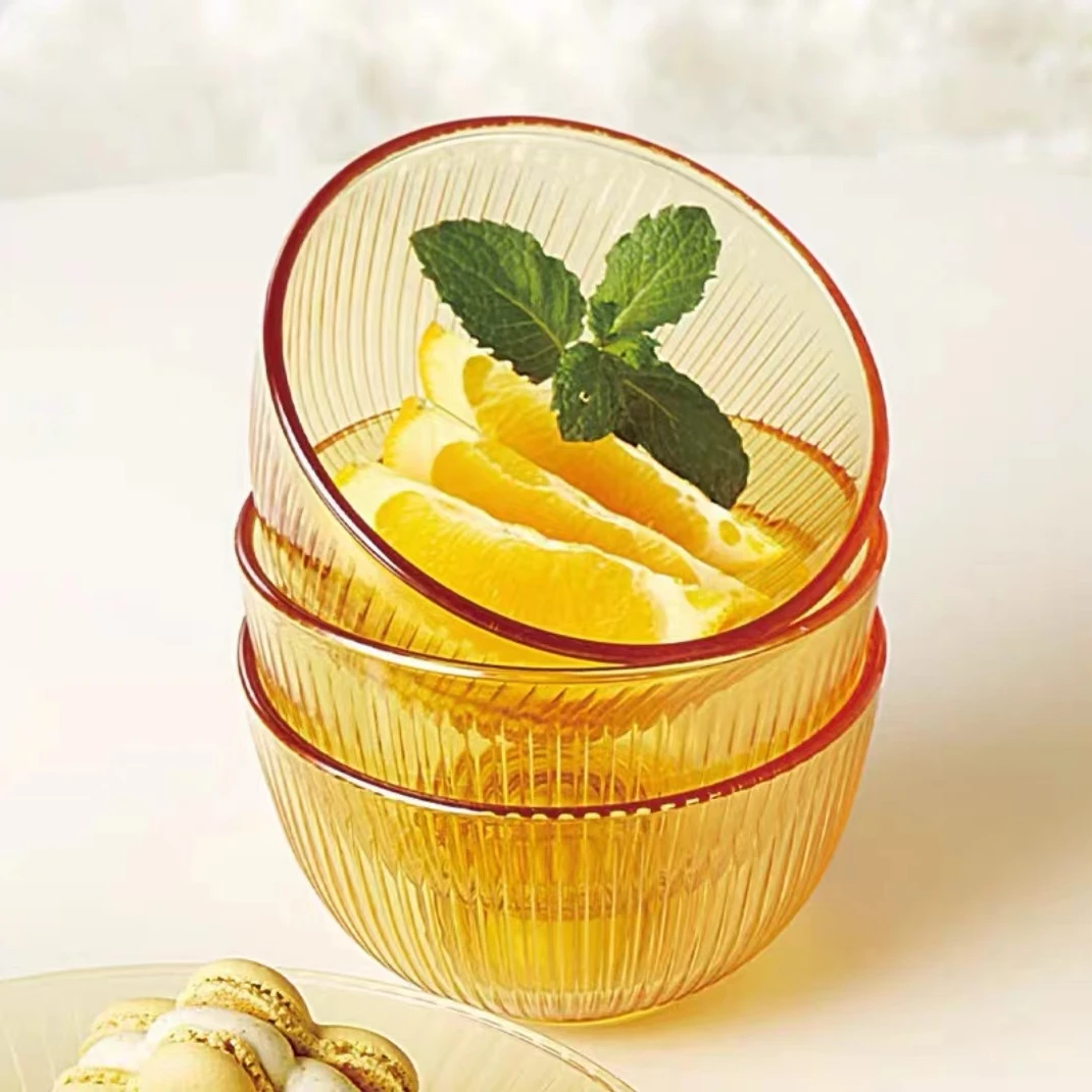 【竖纹4只】家用米饭碗汤碗粥碗透明玻璃碗琥珀色茶色沙拉碗大容量