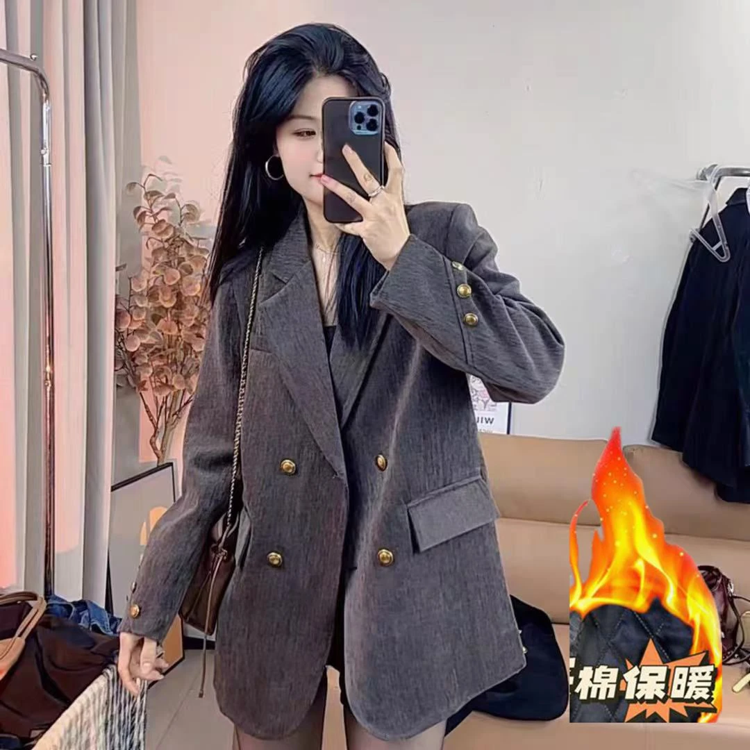 2025冬季雪尼尔西装外套女网红休闲百搭宽松韩版双排扣设计感西服