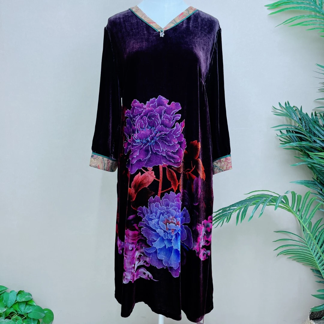 桑蚕丝真丝连衣裙气质时尚显瘦国风v领提花常规秋冬妈妈装43A1908