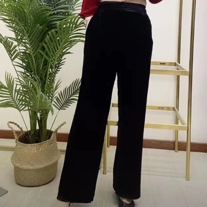 桑蚕丝植绒气质时尚休闲百搭高腰黑色直桶裤88A9003