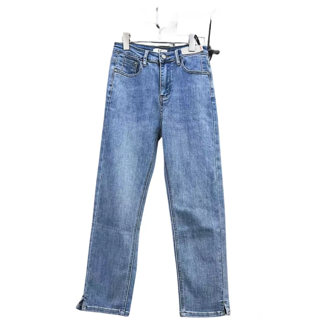 春夏直筒弹力牛仔裤女显瘦百搭休闲时尚水洗裤脚开口水洗蓝色蓝色