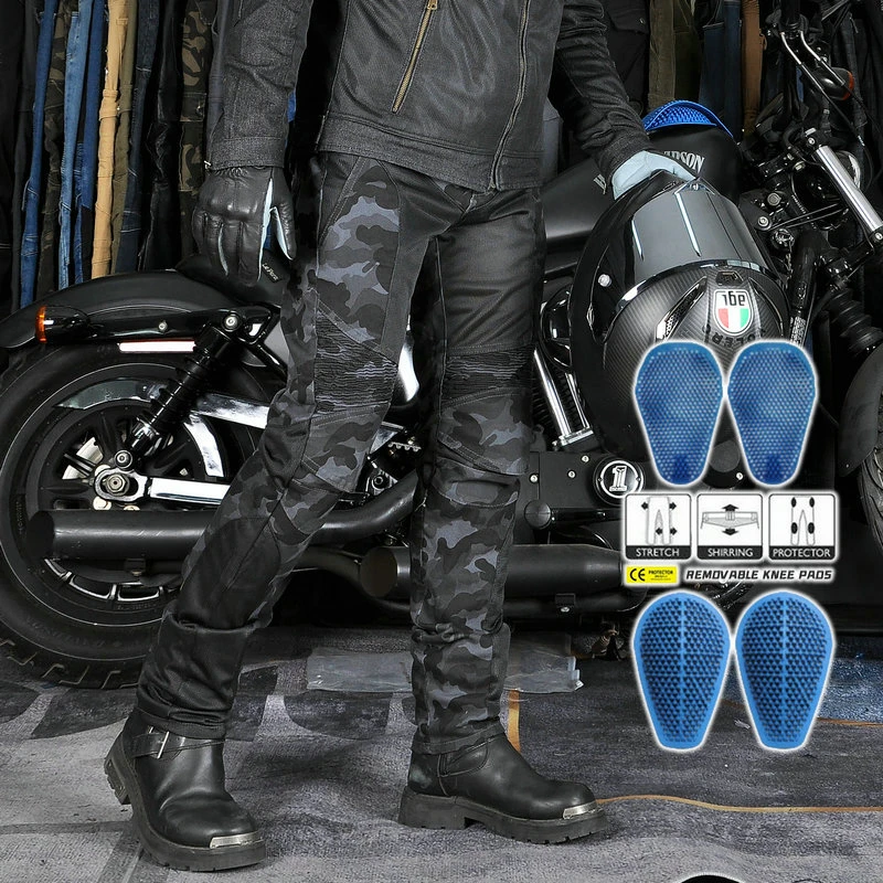VOLERO 摩托车牛仔裤男女 蓝迷彩夏季网眼透气机车修身防摔骑行裤