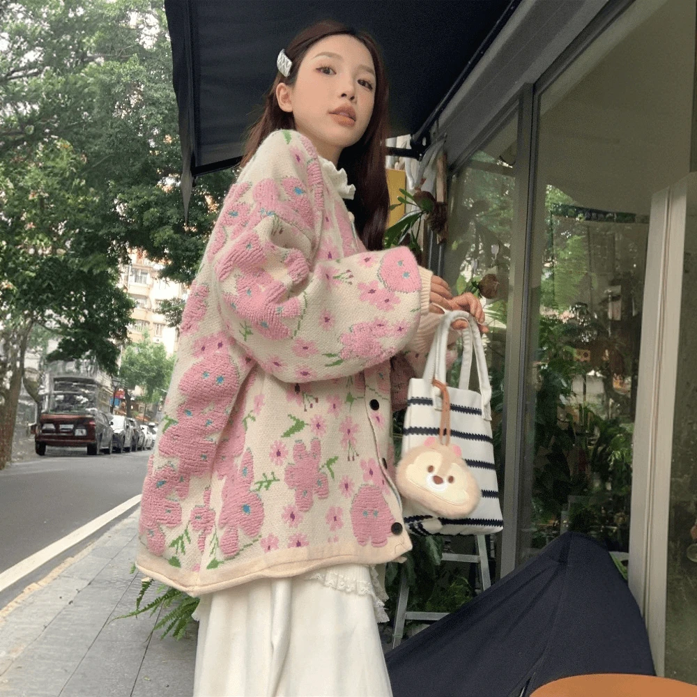 植绒花朵粉色毛衣开衫秋冬小个子宽松慵懒风设计感软糯针织外套