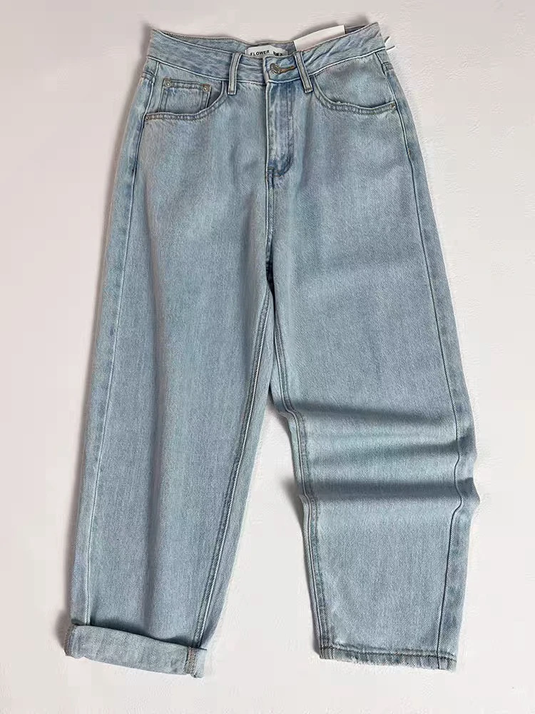 THLin早春时尚老爹牛仔裤2025薄绒宽松韩版高腰显瘦男友裤