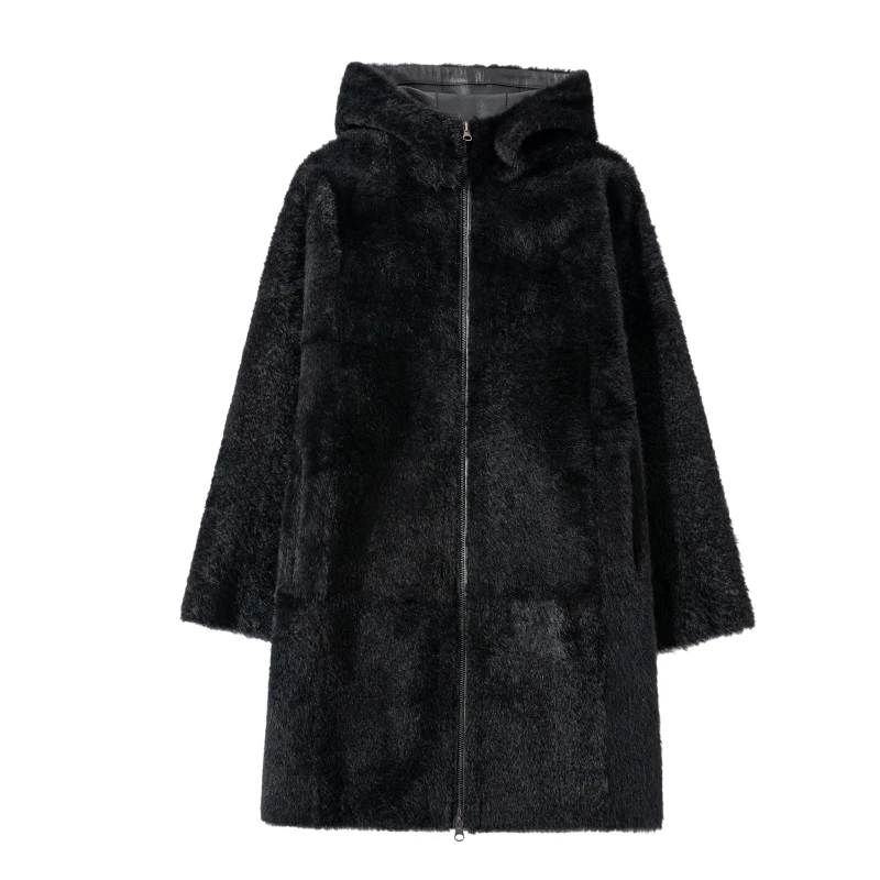 [稀世黑珍珠] 珍珠羔皮毛一体轻盈连帽廓形皮草