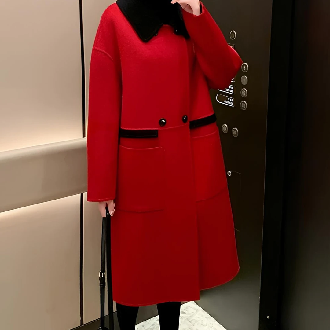 【英琪】高级感全羊毛大衣女款红色纯色冬季