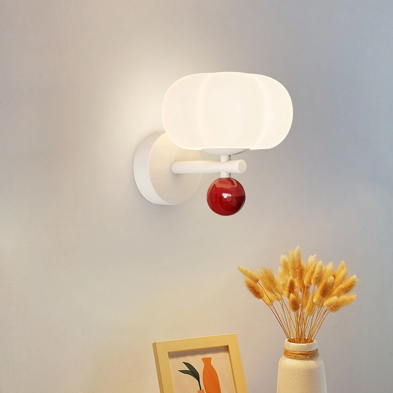 卧室床头壁灯吊灯北欧木纹奶油风客厅南瓜装饰灯简约高级感过道灯